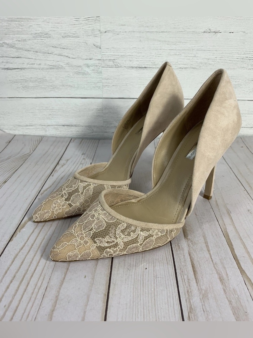 Tori from BCBGeneration nude suede Heels lace style size 10 M